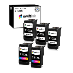 Remanufactured Canon PG-210XL and CL-211XL 5-Set High Yield Ink Cartridges: 3 Black and 2 Color