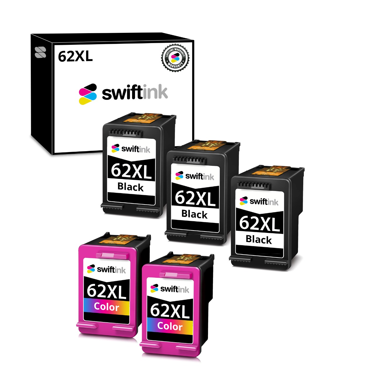 Remanufactured Replacement Set of 5 - 3 Black & 2 Color Ink Cartridges for HP 62XL