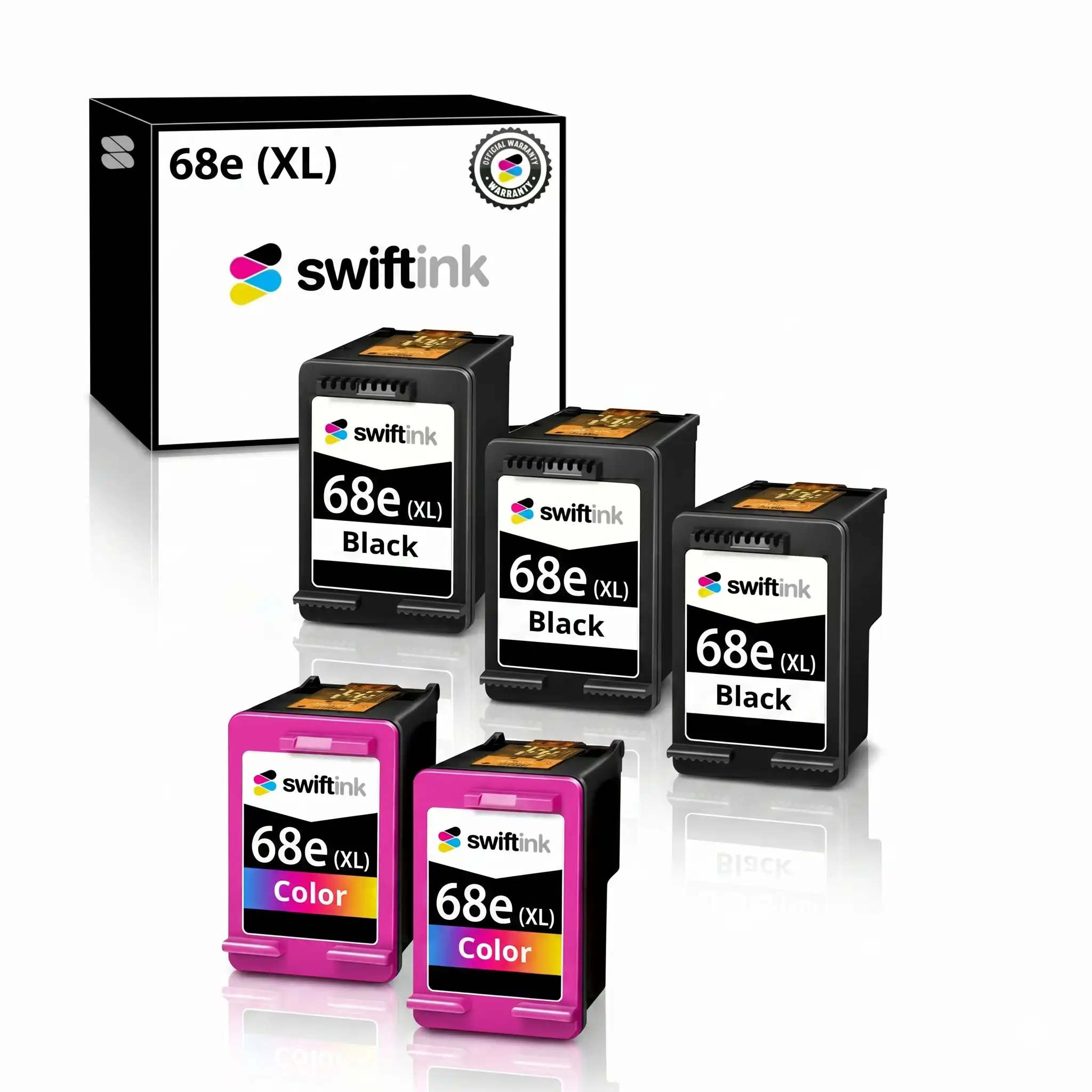 Remanufactured HP 68e (XL) 5-Set Ink Cartridges: 3 Black and 2 Color