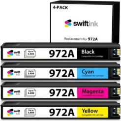 Compatible Replacement 4-Set Ink Cartridges for HP 972A: 1 Black, Cyan, Magenta, Yellow