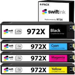 Compatible Replacement 4-Set High Yield Ink Cartridges for HP 972X: 1 Black, Cyan, Magenta, Yellow