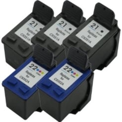 Remanufactured Replacement Set of 5 - 3 Black & 2 Color Ink Cartridges for HP 21XL and HP 22XL