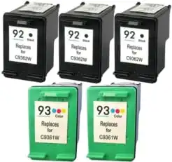 Remanufactured Replacement Set of 5 - 3 Black & 2 Color Ink Cartridges for HP 92 and HP 93