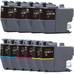 Compatible Brother LC401XL 10-Set Ink Cartridges: 4 Black & 2 each of Black / Cyan / Magenta / Yellow