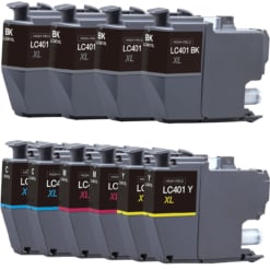 Compatible Brother LC401XL 10-Set Ink Cartridges: 4 Black & 2 each of Black / Cyan / Magenta / Yellow