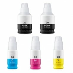 Compatible 5 pack of canon gi-20 bk/c/m/y ink bottles