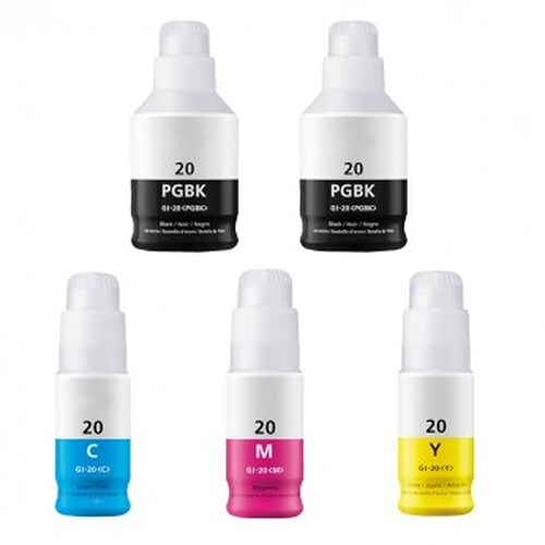 Compatible 5 pack of canon gi-20 bk/c/m/y ink bottles