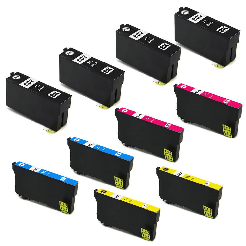 Remanufactured Epson 802XL 10-Set Ink Cartridges: 4 Black and 2 each of Cyan / Magenta / Yellow