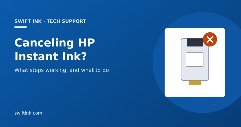 Illustration of an ink cartridge with a red X, for a guide to what happens when you cancel HP Instant Ink