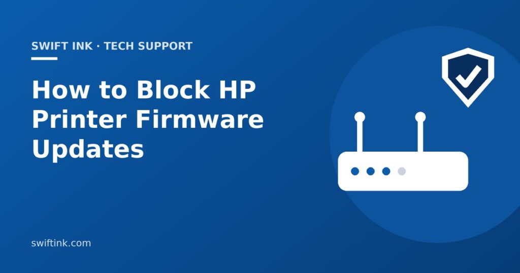 Illustration of a router with a shield blocking firmware updates from reaching an HP printer
