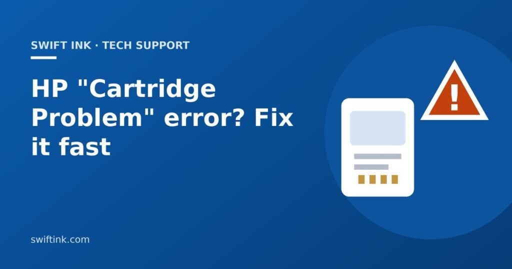 HP inkjet printer showing a cartridge alert, with a guide to fixing HP cartridge problem messages