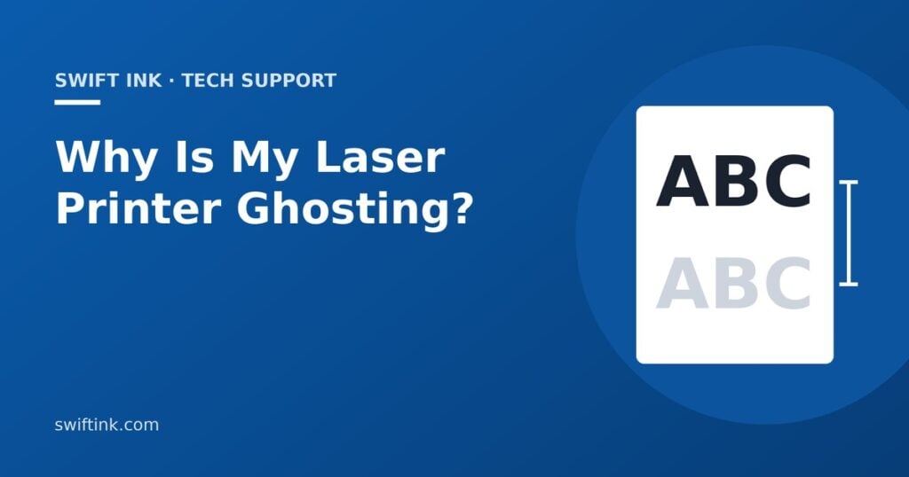 Illustration of a printed page with a dark heading and a faint ghost copy of it repeated lower on the page, for a guide to fixing laser printer ghosting.