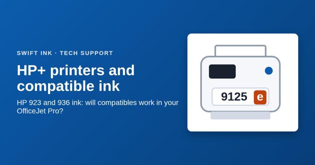 HP OfficeJet Pro printer label showing a model number ending in "e" for HP+