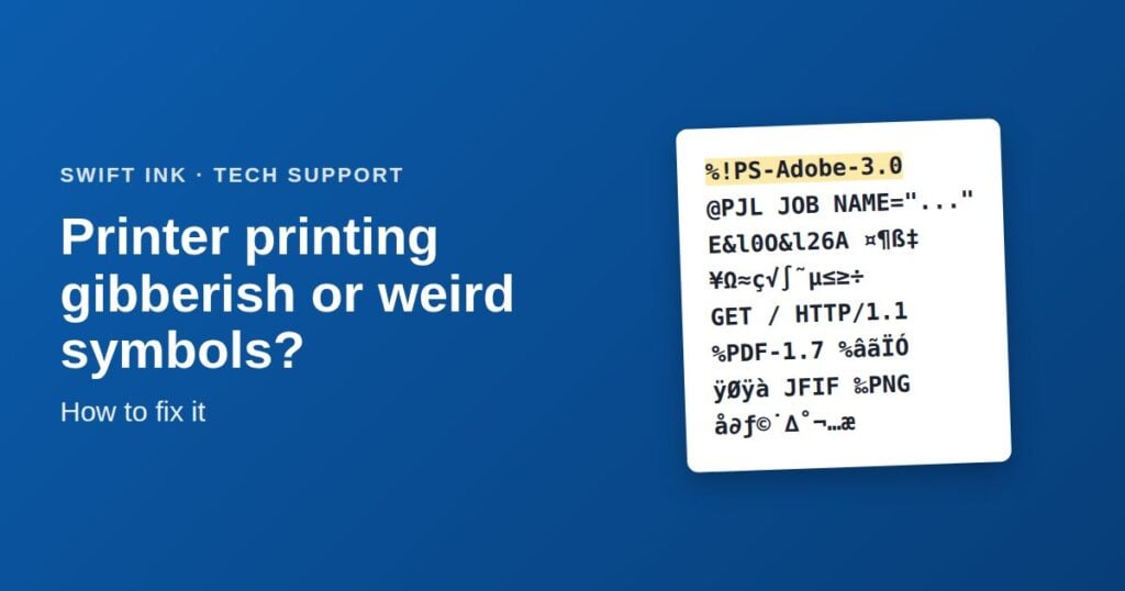 A printed page of garbled printer code and random symbols
